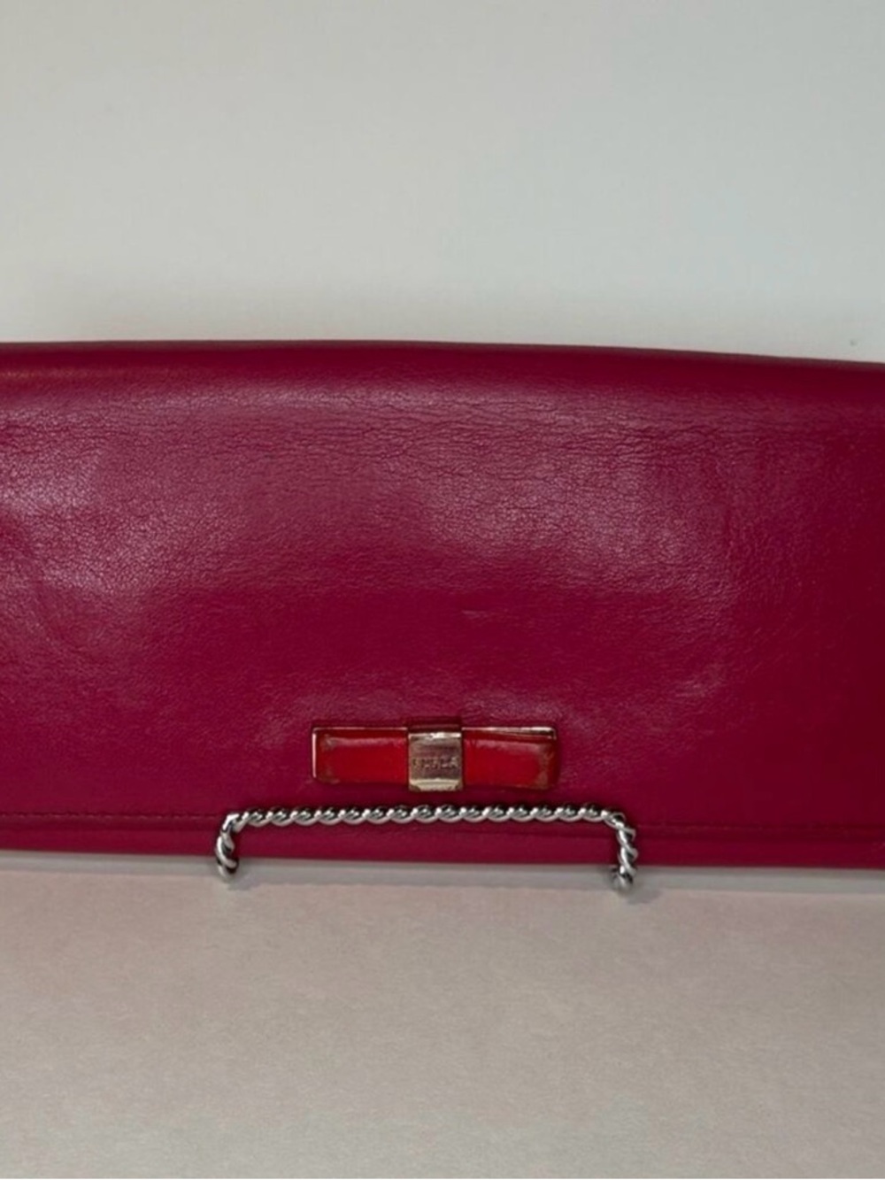 Furla Fuchsia Leather Clutch with Chain Detail